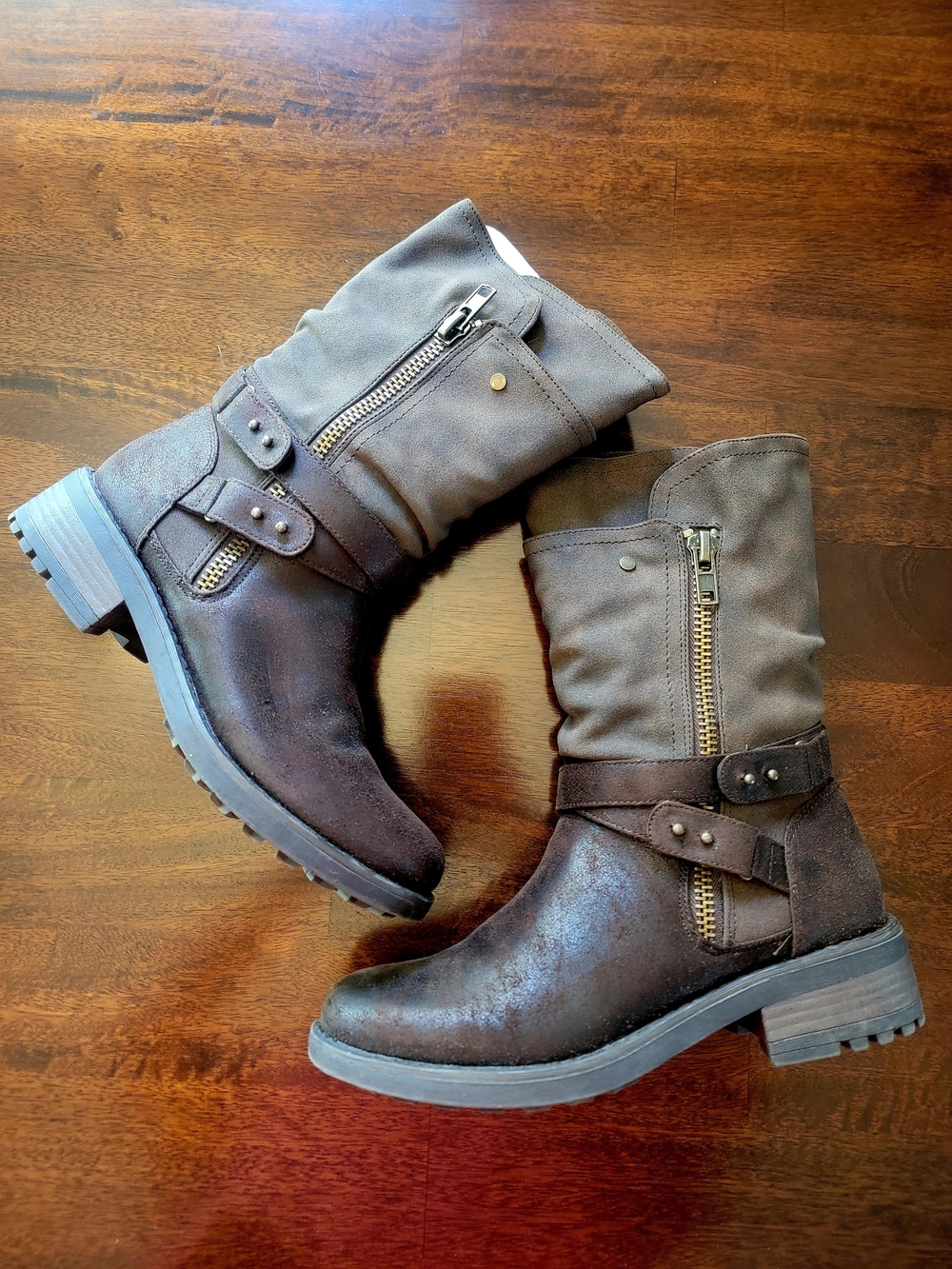 Carlos by Carlos Santana Brown Mid-Calf Zipper Moto Boots With Harness Detailing